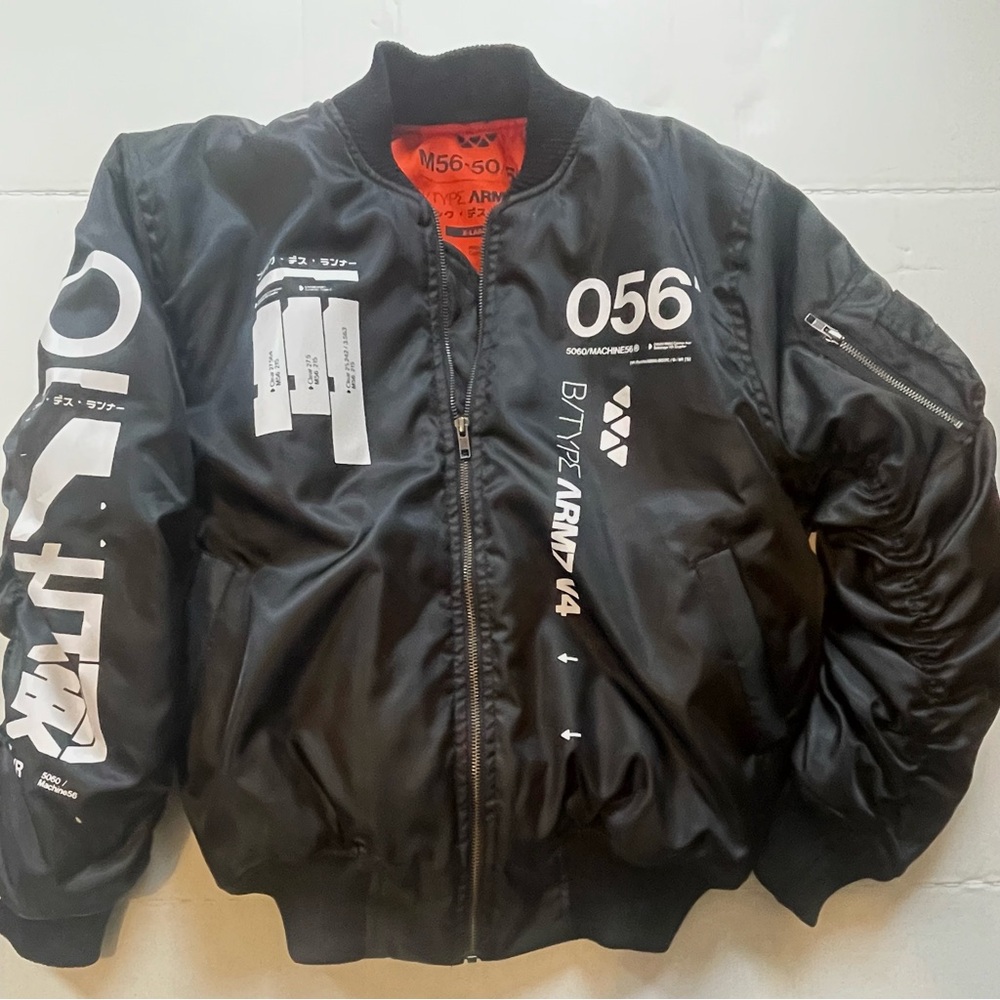 Machine56Black Bomber Jacket with White Graphics and Orange Lining
